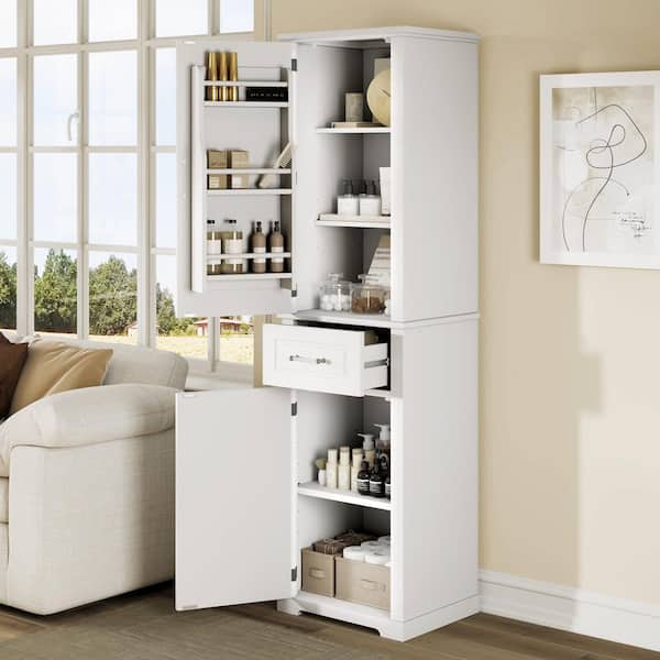 20 in. W x 15.8 in. D x 72.1 in. H White Wood Freestanding Adjustable Shelves Linen Cabinet with 2 Different Size Doors