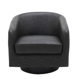 Black PU Leather Upholstered 360°Swivel Arm Chair With Wood Base (Set of 1)
