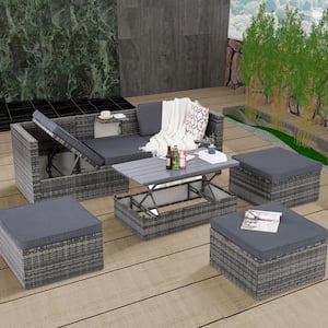 Outdoor Patio 5 Piece PE Wicker Conversation Set Furniture Set with Liftable Plywood Coffee Table and Cushion Cushions