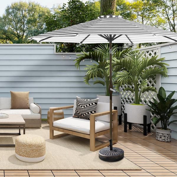 Peyton 9 ft. Market Patio Umbrella in Gray and White with Bronze Round Base