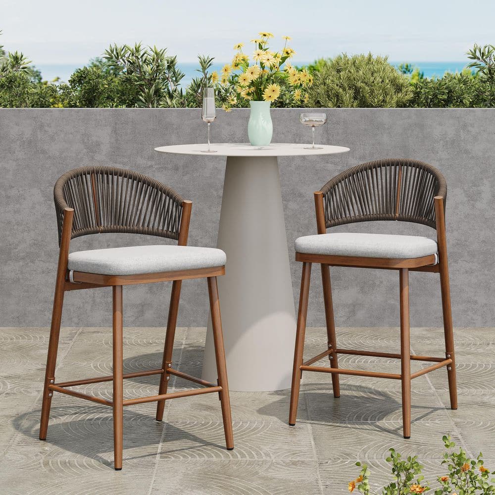 Chamberlain 26 in. Aluminum Patio Outdoor Bar Stool with Light Grey Cushion, Teak Finish, PE Rattan, Set of 2 price history on PriceWatchPro