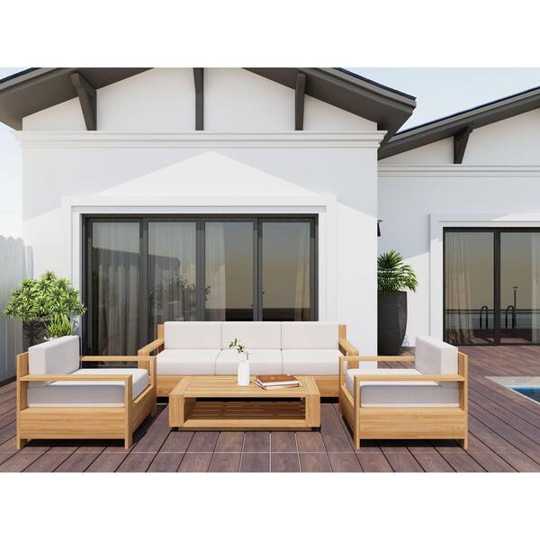 Unbranded Lothair 4-Piece Teak Patio Conversation Deep Seating Set with Sunbrella Antique Beige Cushions