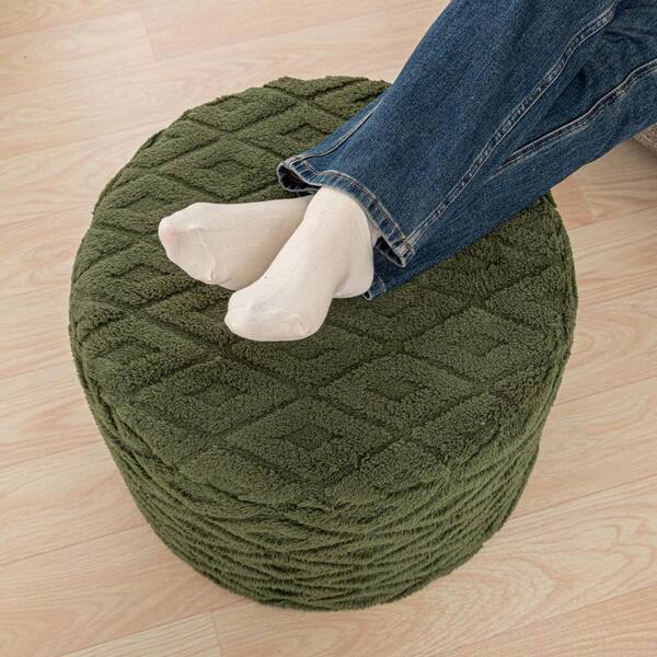 Green Furry Upholstered Round Ottoman Pouf Ultra-Plush Foam-Filled