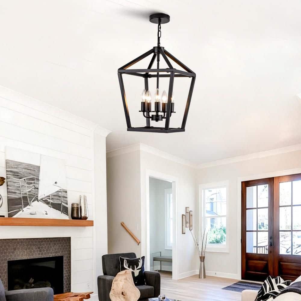 16 in. Black 5-Light Lantern Chandelier with Open Cage and Adjustable Height for Kitchen Island, Dining Room, Entryway price history on PriceWatchPro