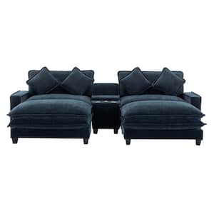 112.6 in. Wide Square Arm Chenille Rectangle Modern Upholstered Removable Ottoman Sofa in Blue