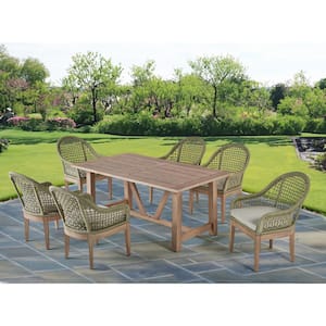 Richard Rustic Light Oak 7-Piece Acacia Wood Rectangle Standard Height Outdoor Dining Set with 6 Cushion Wicker Chairs