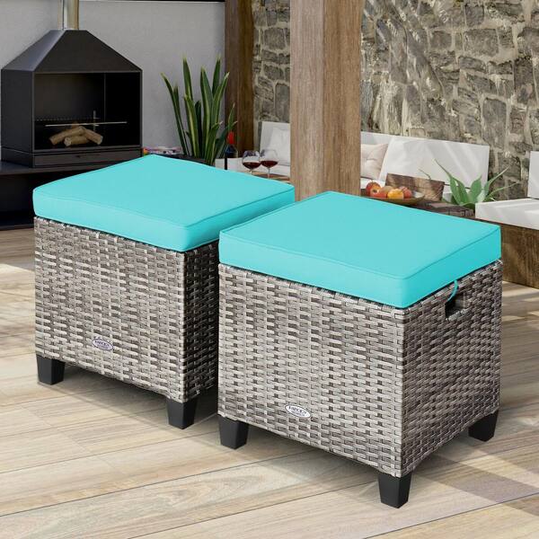 Costway Patio Rattan Cushioned Ottoman Seat Foot Rest Table Turquoise  (2-Piece) HW67568TU - The Home Depot