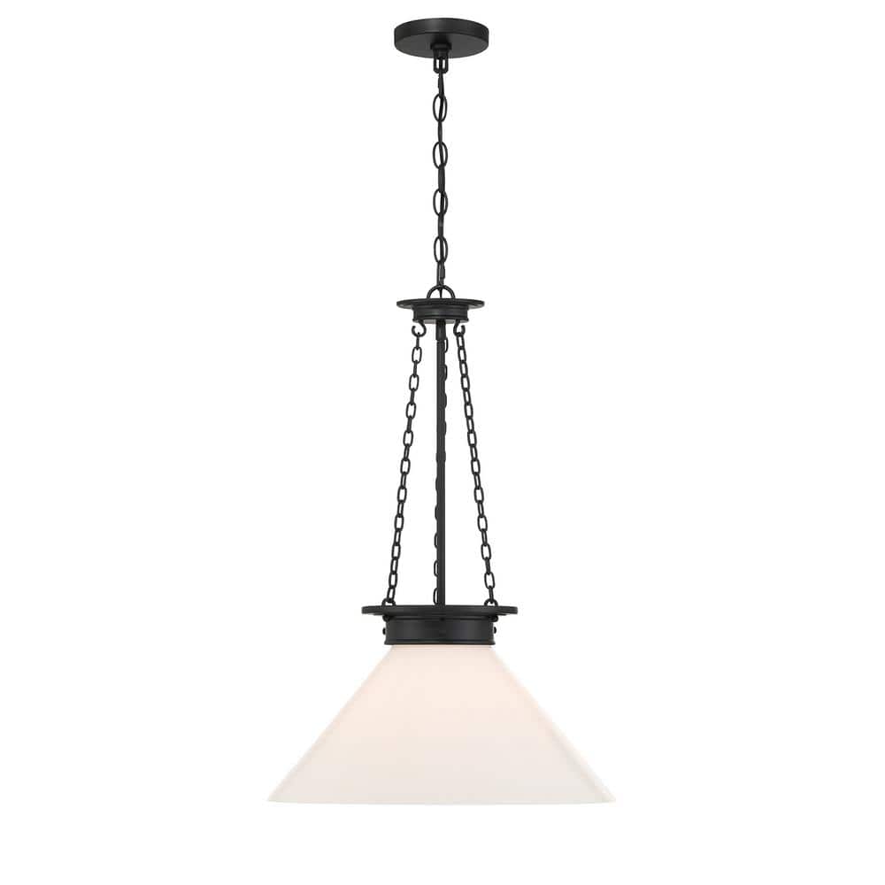 Matte Black and White Glass 1-Light Pendant with Adjustable Chain