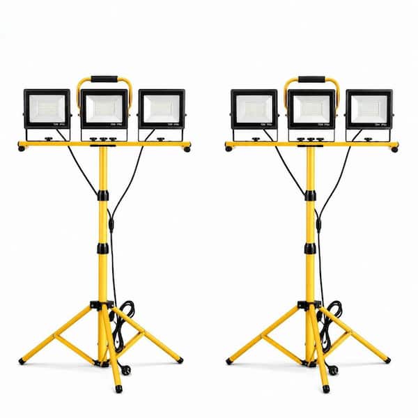 120V 21000 Lumens 3-Head LED Work Light ,Adjustable Foldable Tripod, IP66 Waterproof, 6500K Job Site Light (2-Pack）