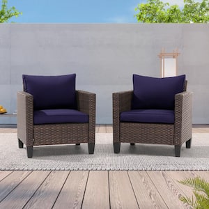 2-Pack Brown Wicker Patio Outdoor Single Sofa with Navy Blue Cushion