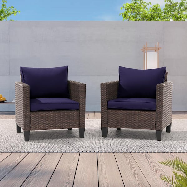JOYESERY 2-Pack Brown Wicker Patio Outdoor Single Sofa with Navy Blue Cushion