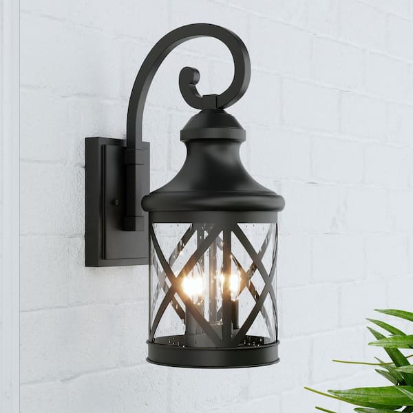 Hawaii 17 in. H 2-Light Black Classic Lantern Dusk to Dawn Hardwired Sconce with Water Glass