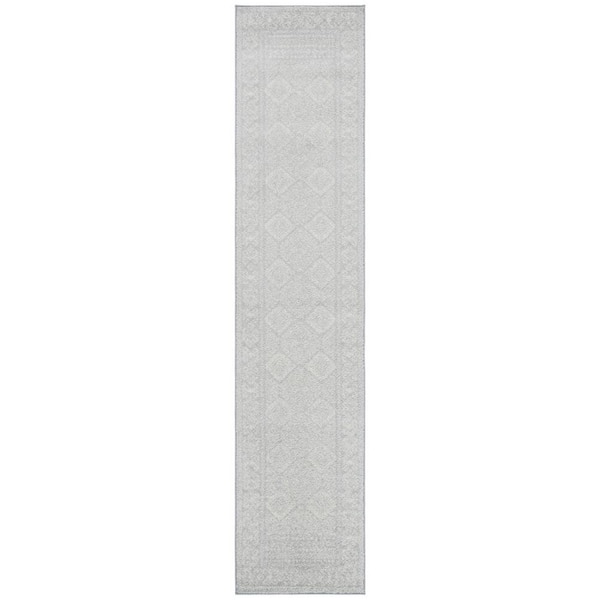 Tulum 2 ft. x 13 ft. Light Gray/Ivory Border Geometric Diamonds Runner Rug