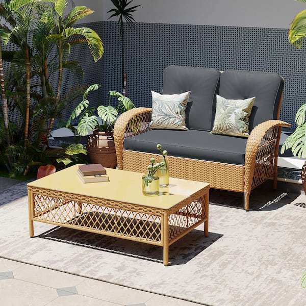 UPHA 2 Person Outdoor Beige Wicker Sofa Seating with Coffee Table for Patio, Balcony in Dark Gray