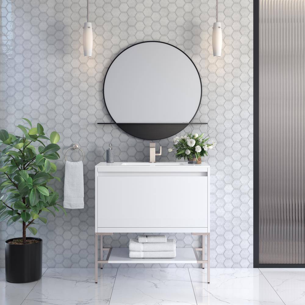 Glossy White and Brushed Nickel Single Bathroom Vanity Base, 36-inch