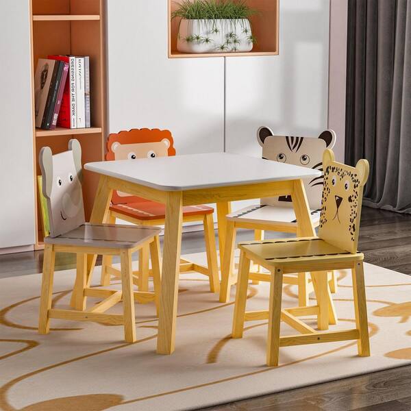 FORCLOVER 5-Piece Rectangle Wood Top Natural White Table with 4-Cartoon  Animals Chairs Set FMKTYF17 - The Home Depot