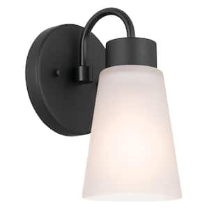 Erma 1-Light Black Bathroom Indoor Wall Sconce Light with Satin Etched Glass Shade