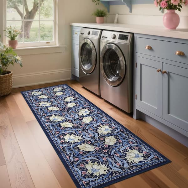 Blue 2 ft. x 6 ft. Anti-Slip Plant Print Rug Vintage Machine Washable Low Pile Foldable for Bedroom Corridor Kitchen