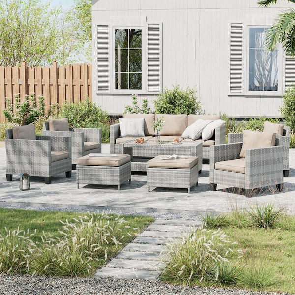 8-Piece Gray Wicker Patio Sofa Set Outdoor Furniture Set with Ottomans and Coffee Table, Linen Flax Beige