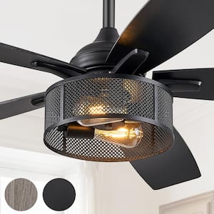 52 in. Indoor Black Caged Ceiling Fan with Dual-Finish Blades(Black and Light Oak )and Light Kit and Remote Control