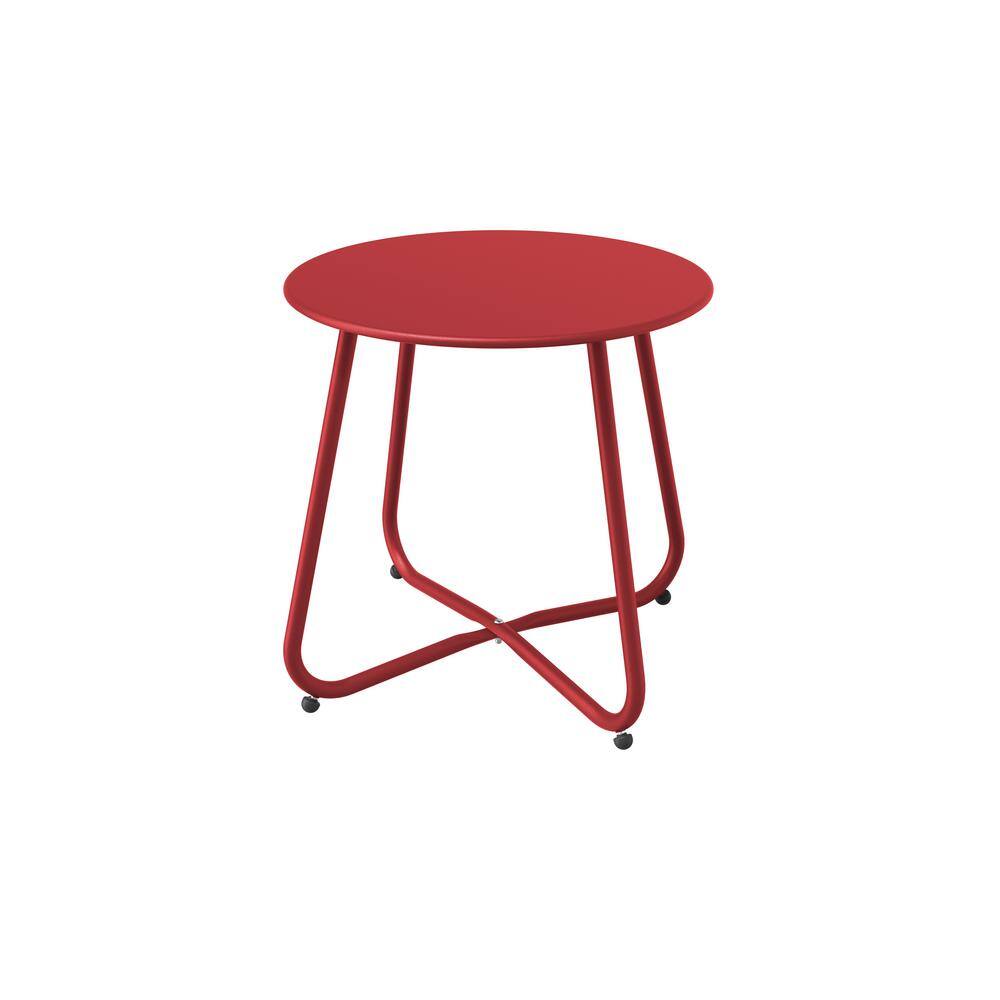Red Outdoor Patio Side Table, Weather-Resistant Metal Round with Adjustable
