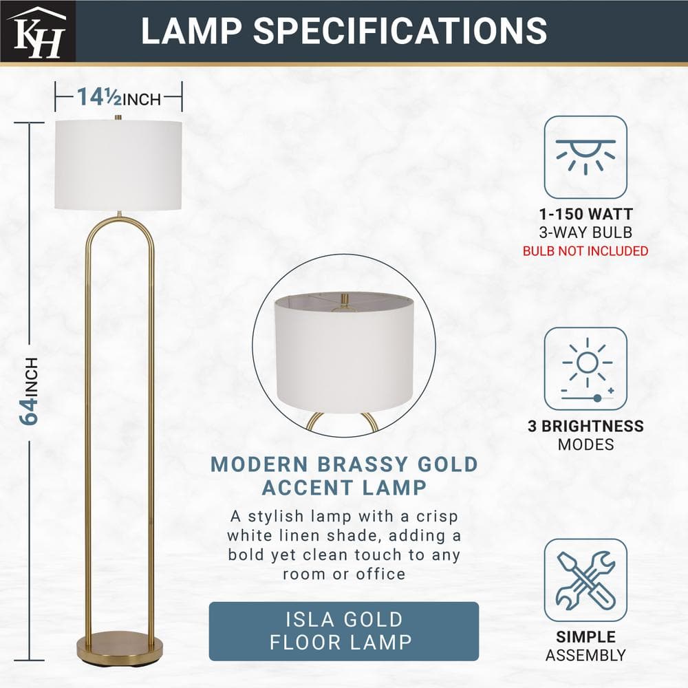 64" Gold Floor Lamp with White Linen Drum Shade