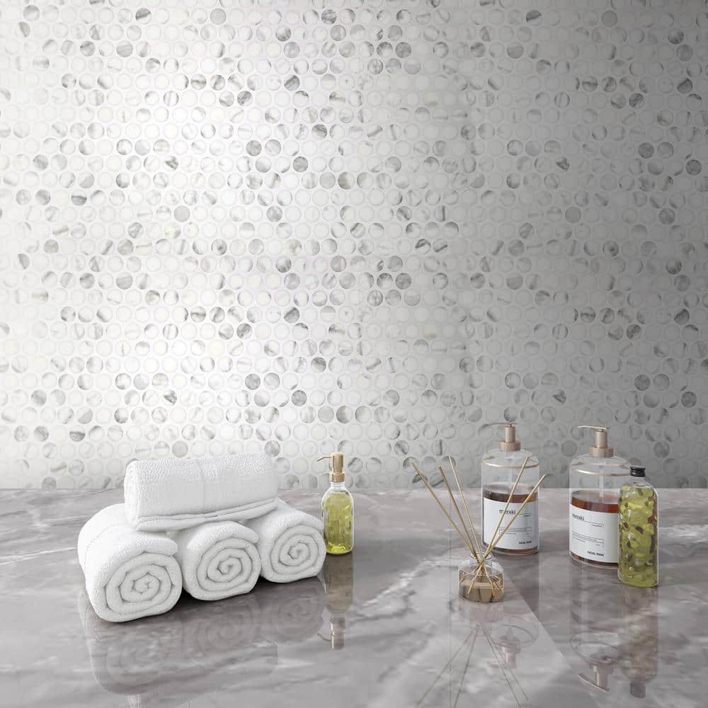 White Calacatta Matte Glass Penny Round Mosaic Tile