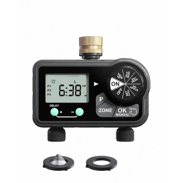2 Zone Digital Programmable Water Sprinkler Timer with Rain Delay and Manual Mode for Lawn Yard Garden Hose