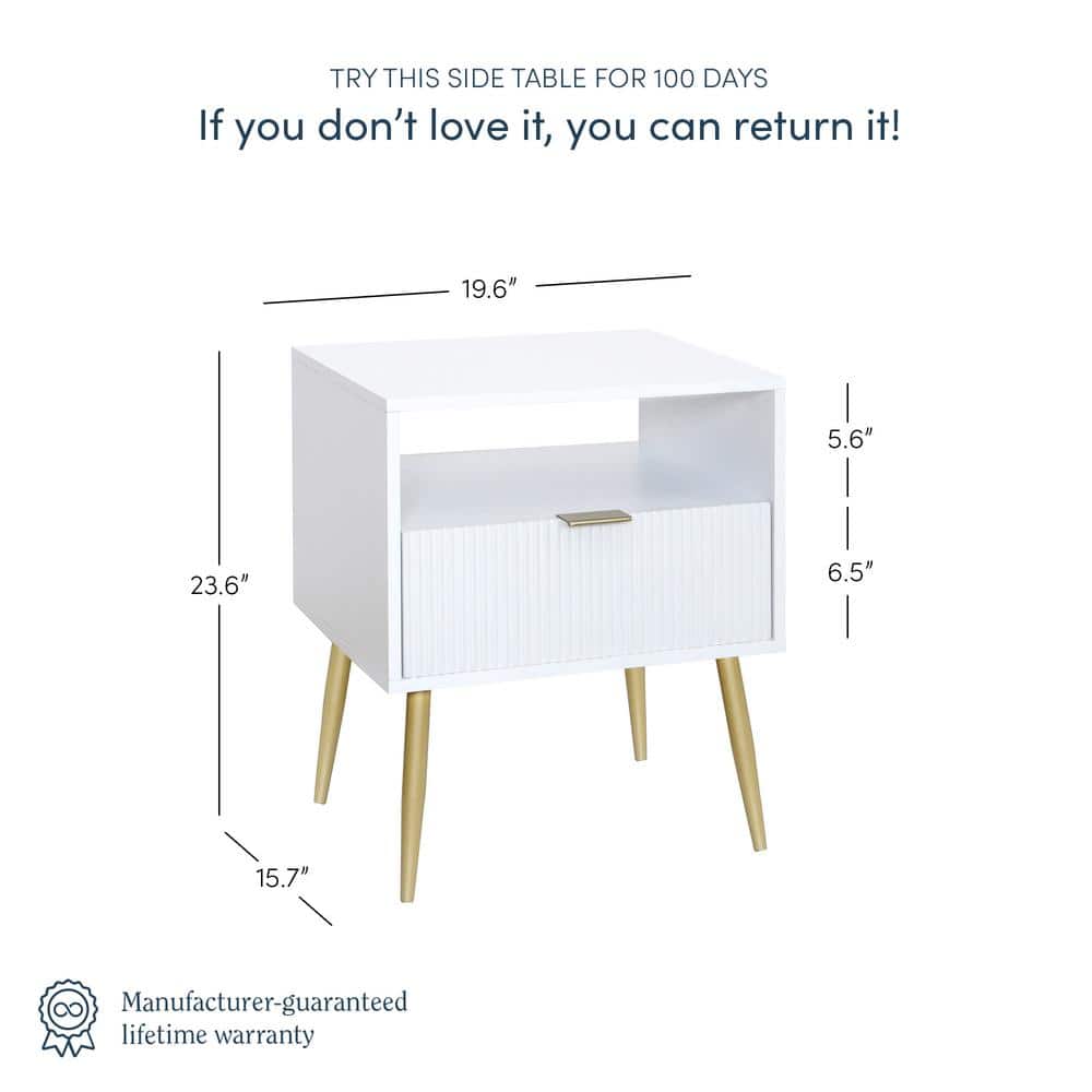Jacklyn White and Gold Mid-Century Nightstands with Drawer, Set of 2