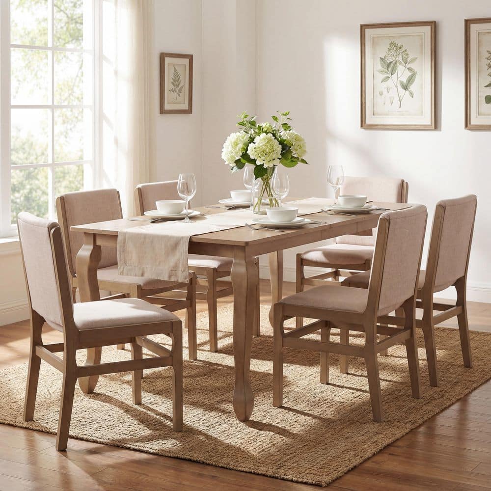 Sarah 7-Piece Wood Top Dining Set with Beige+Light Natural Upholstered Dining Chairs, Expandable Dining Table, Seats-6