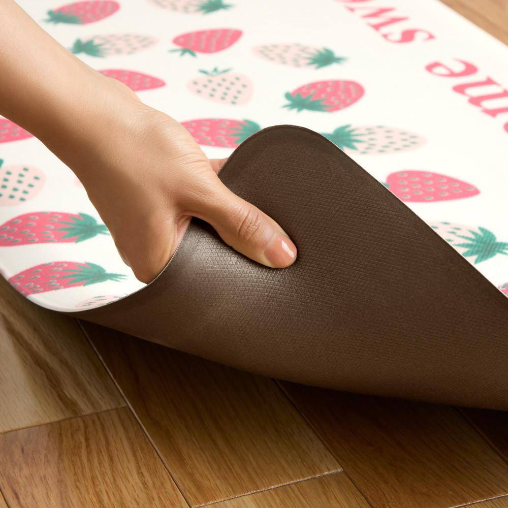 Home Sweet Home Pink and Green PVC Kitchen Mat with Strawberry Pattern