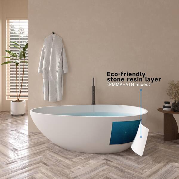 Foyil 59 in. x 31 in. Solid Surface Stone Resin Flatbottom Freestanding Bathtub Soaking Bathtub in Matte White