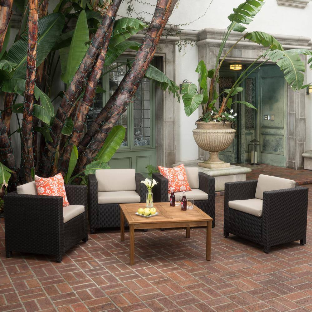 Modern 5-Piece Outdoor Club Chair Set with Cushions in Brown and Beige