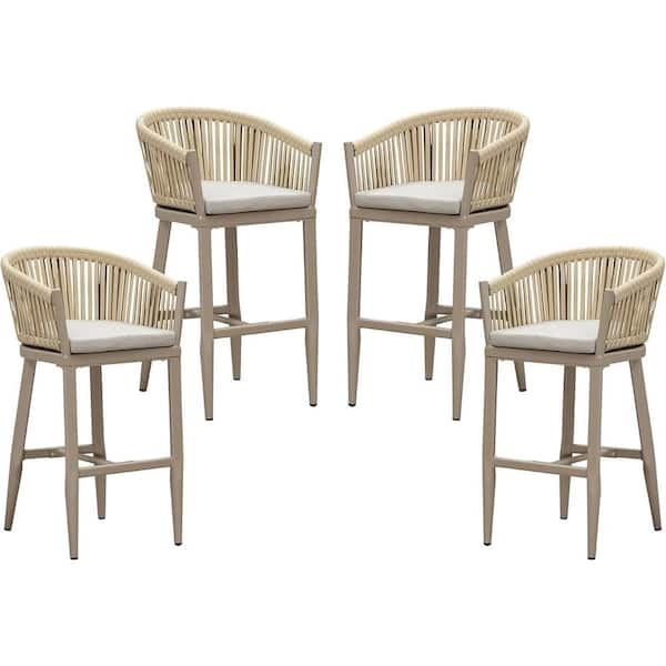 PURPLE LEAF Modern Aluminum PE Rattan Bar Height Outdoor Bar Stool with Back and Beige Cushion (4-Pack)