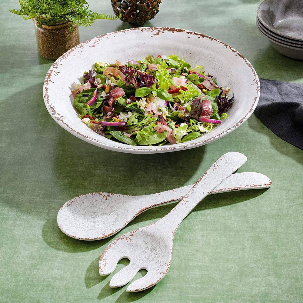 Ice White Melamine 3-Piece Salad Serving Set with Utensils