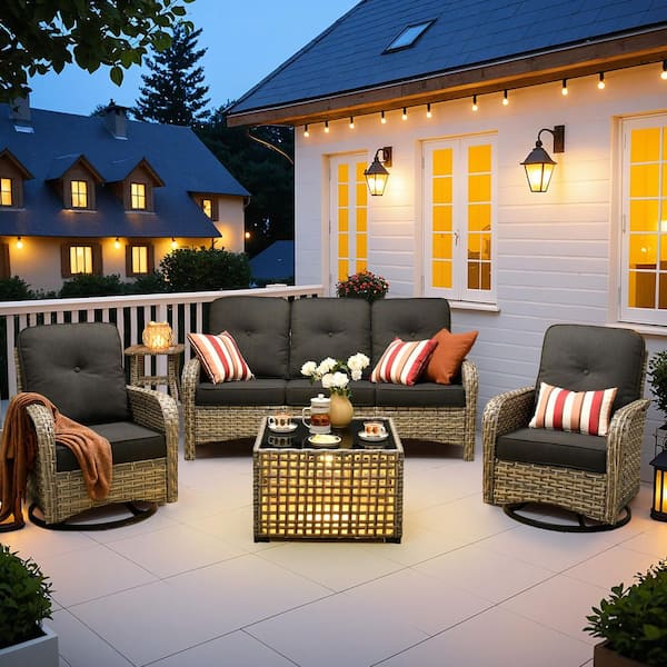 Ruby 5-Piece Wicker Outdoor Patio Conversation Sofa Set with Swivel Chairs, Solar-Light Coffee Table and Black Cushions