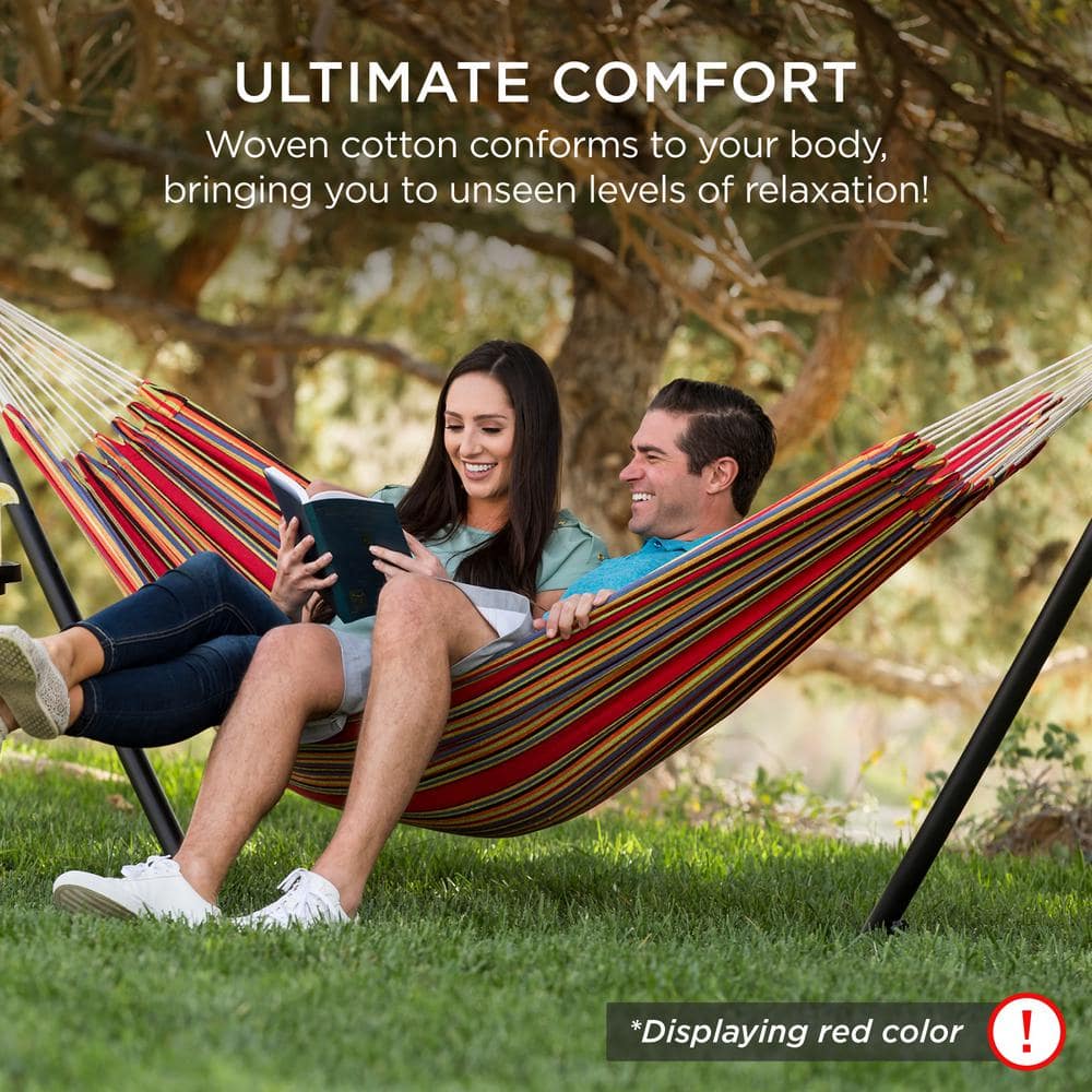 Steel Frame 2-Person Gray and White Cotton Hammock with Stand