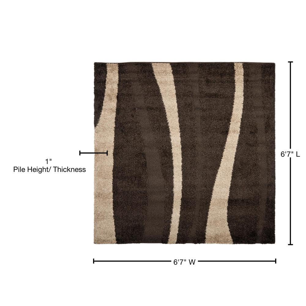 Deluxe Dark Brown & Beige Square Shag Rug, Easy Care Synthetic, 79"