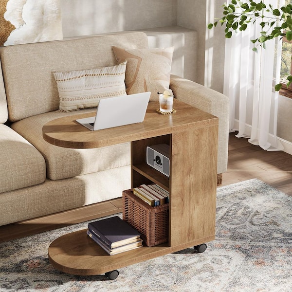 Kerlin 27.56 in. W Brown Rectangle Wood End Side C Table Industrial Modern Simple Rolling Bedside Nightstand LivingRoom