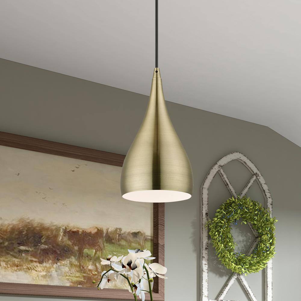 Antique Brass Teardrop Pendant Light with White Interior