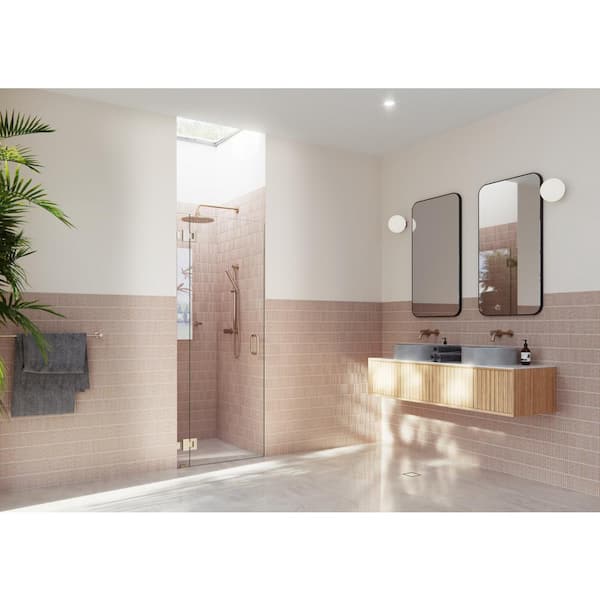 Halo 33.5 in. W x 78 in. H Glass Hinged Frameless Shower Door in Brushed Bronze with Clear Glass