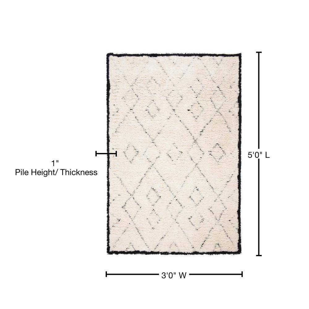 Ivory and Black Geometric Wool Shag Area Rug 3' x 5'