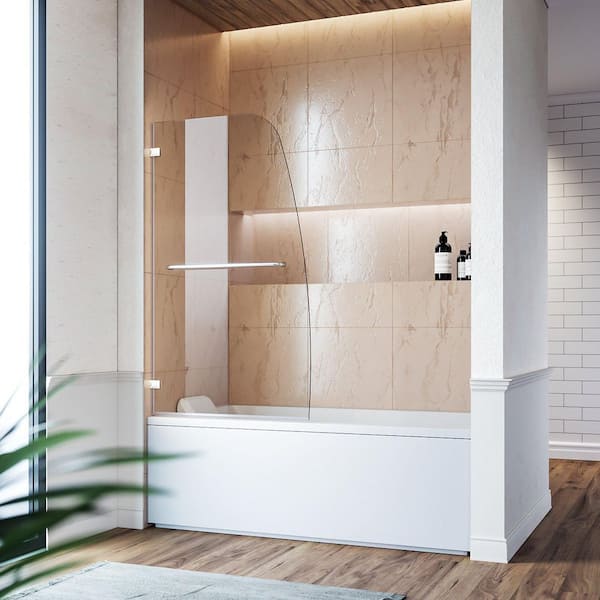 ANGELES HOME 34 in. W x 58 in. H Pivot Frameless Tub Door in Chrome Finish with Clear Glass