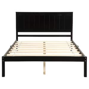 GODEER Espresso Full Platform Bed Frame with Headboard Wood Slat ...