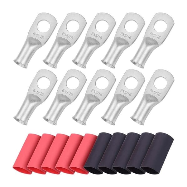 10 Pcs 6 AWG 5/16" Ring Terminals-Tinned Copper Battery Cable Lugs w/ Heat Shrink