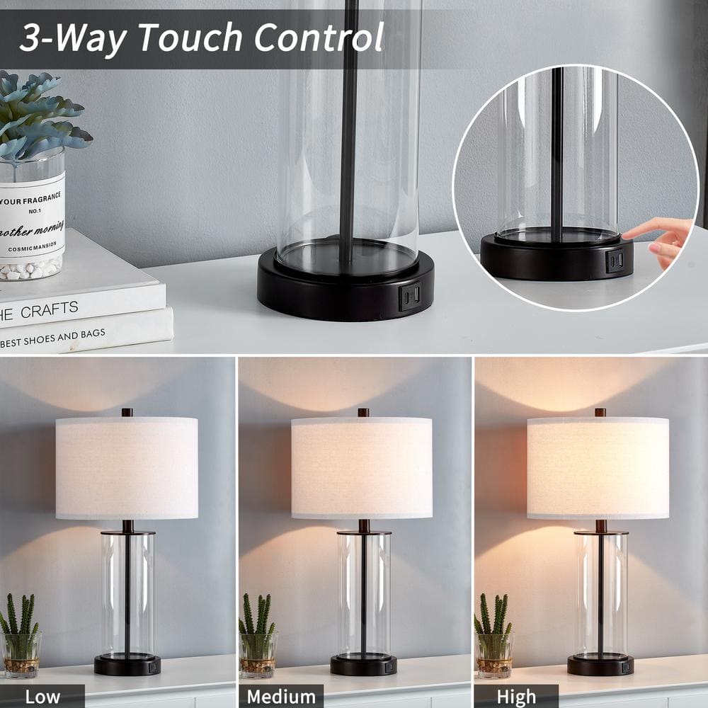 Bronze and Clear Glass Touch Control Table Lamp Set with USB Ports