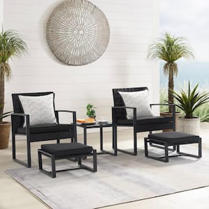 OC Orange Casual 5 Piece Wicker Black Outdoor Bistro Set with Ottomans, Black Cushions