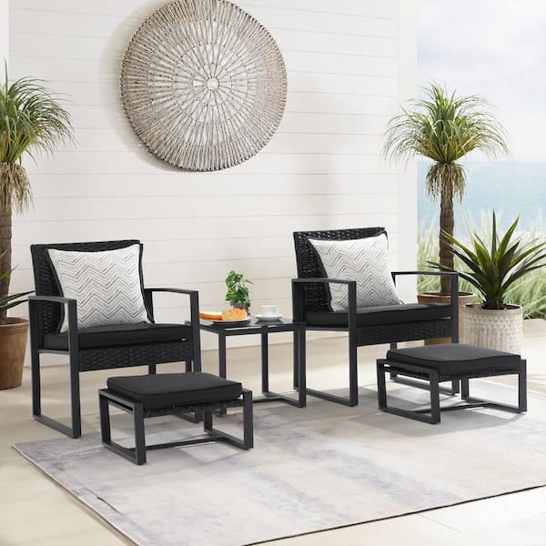 Freestyle 5-Piece Wicker Black Outdoor Bistro Set with Ottomans, Black Cushions