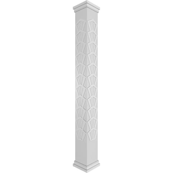 Ekena Millwork 7-5/8 in. x 9 ft. Premium Square Non-Tapered Coastal Fretwork PVC Column Wrap Kit w/Prairie Capital and Base