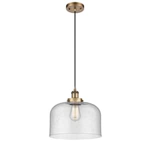 Bell 1-Light Brushed Brass Bowl Pendant Light with Seedy Glass Shade